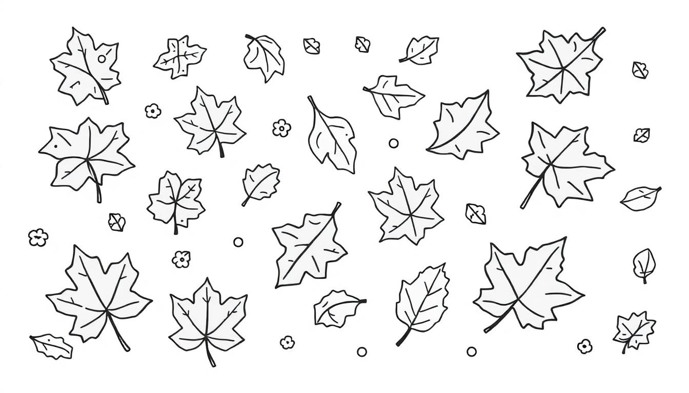 Eine schwarz-weiße Farbtafel von Herbstblättern zum Ausmalen.