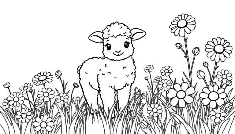 Schwarz-weiße Farbtafel eines niedlichen Lamms inmitten von Gänseblümchen, bereit zum Ausmalen.