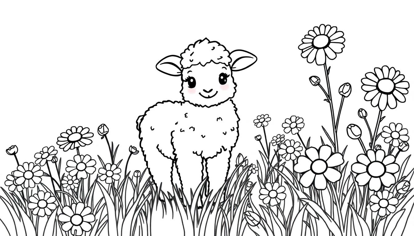 Schwarz-weiße Farbtafel eines niedlichen Lamms inmitten von Gänseblümchen, bereit zum Ausmalen.