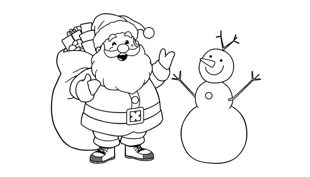 Farbtafel: Weihnachtsmann und Schneemann Illustration im Schwarz-Weiß-Stil.