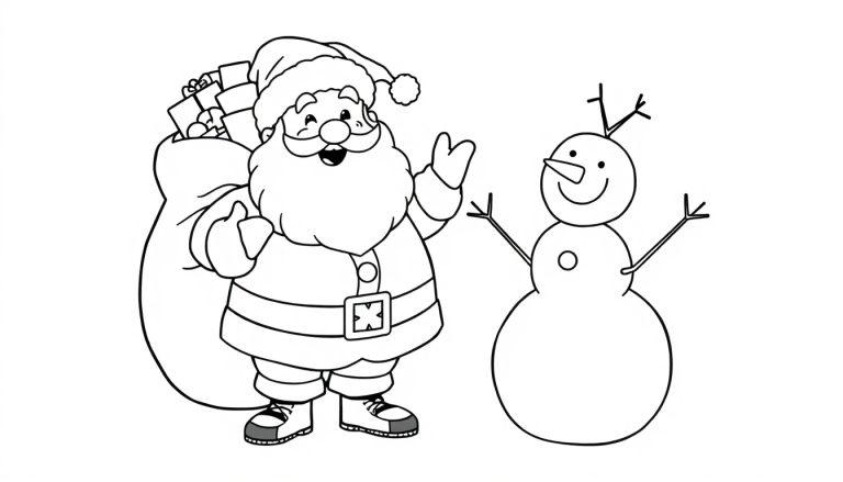 Farbtafel: Weihnachtsmann und Schneemann Illustration im Schwarz-Weiß-Stil.