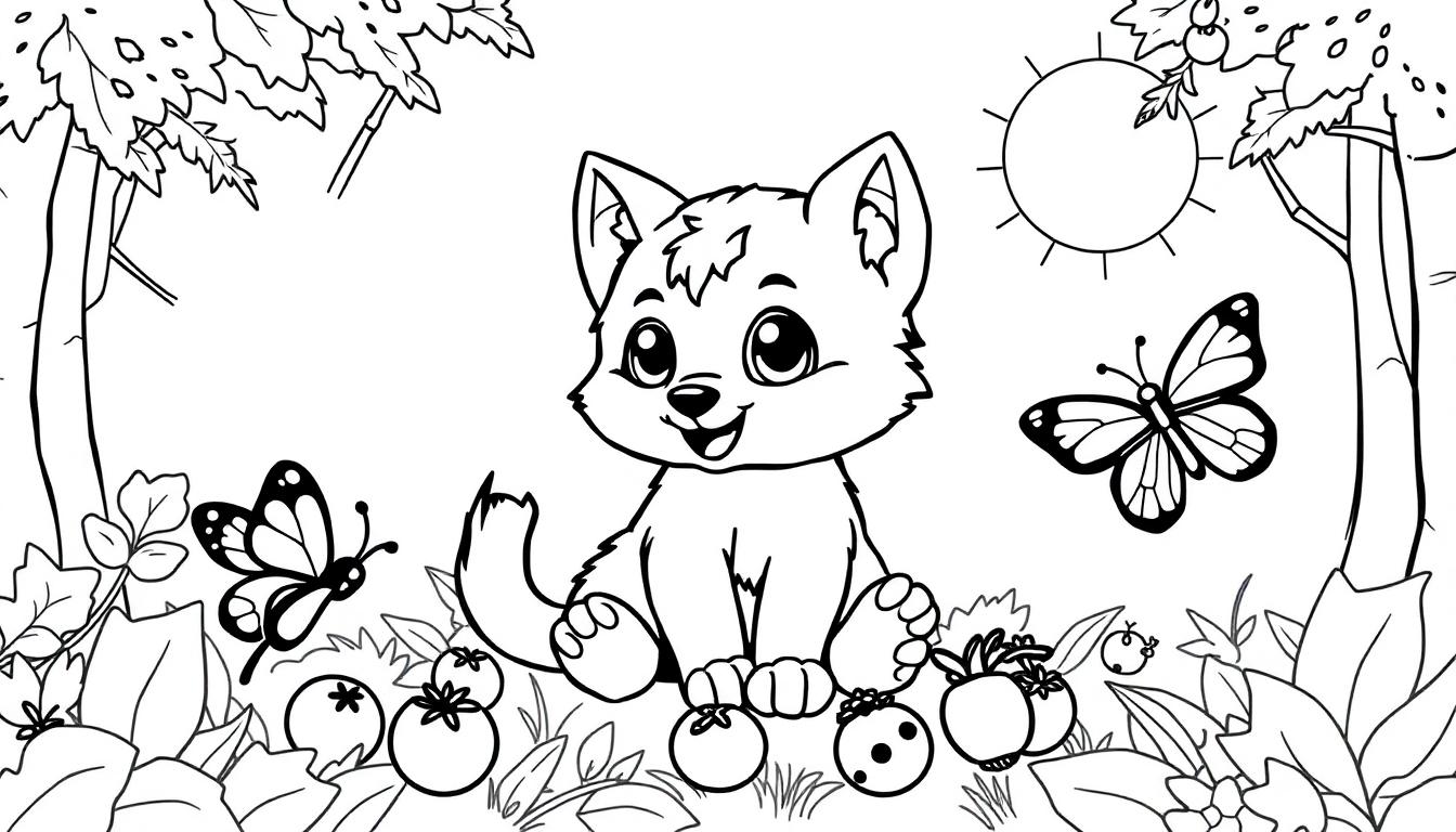 Eine niedliche Cartoon-Katze sitzt inmitten von Früchten und Blumen, umgeben von Schmetterlingen, mit einer Sonne im Hintergrund. Farbtafel.