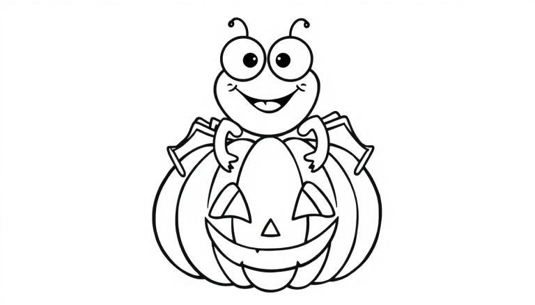 Eine freundliche Cartoon-Spinne sitzt auf einem Halloween-Kürbis. Eine Farbtafel zum Ausmalen.
