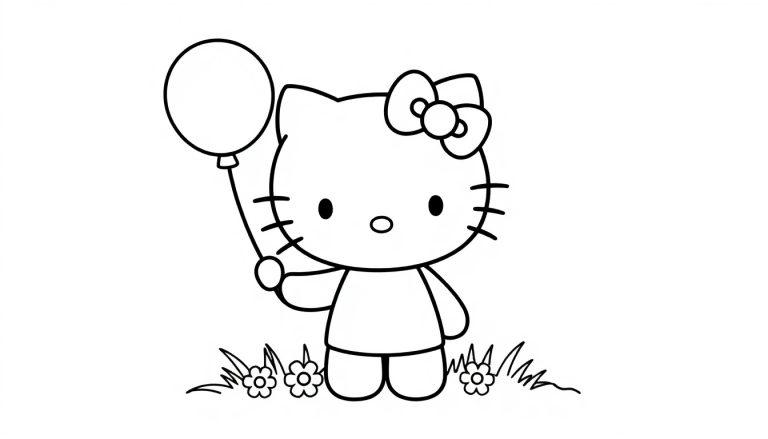 Eine Schwarz-Weiß-Farbtafel von Hello Kitty, die süß lächelt und einen bunten Ballon hält, steht auf einer grünen Wiese mit Blumen.