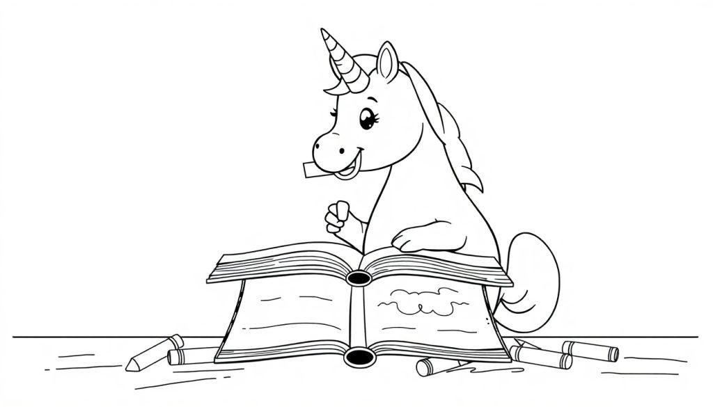 Einhorn malt und schreibt in einem Buch (Farbtafel)