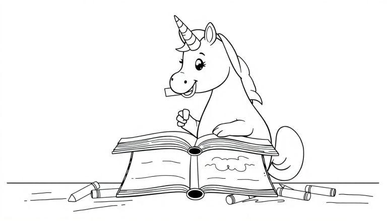 Einhorn malt und schreibt in einem Buch (Farbtafel)