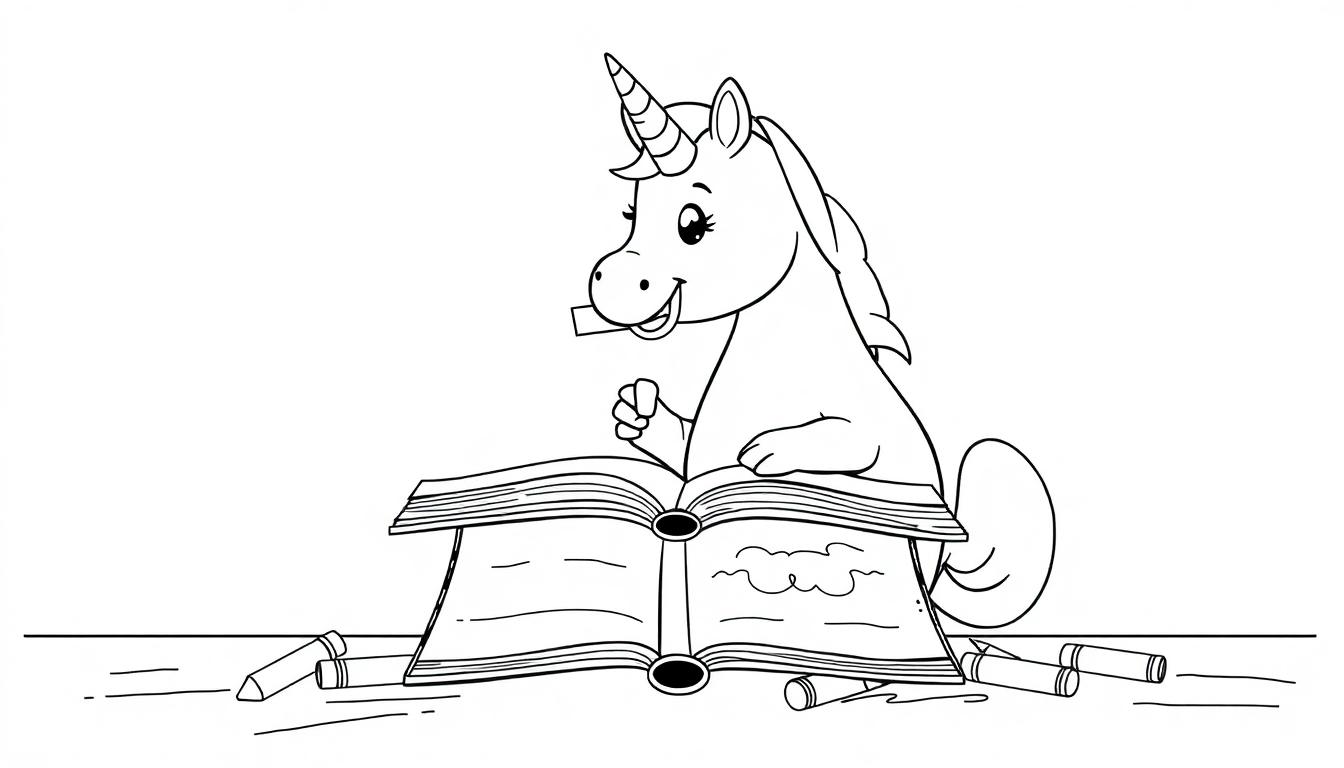 Einhorn malt und schreibt in einem Buch (Farbtafel)