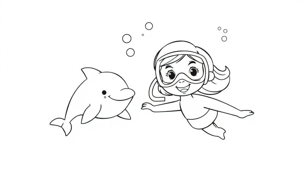 Eine schwarz-weiße Farbtafel eines lachenden Mädchens mit Taucherbrille, das im Wasser schwimmt und von einem freundlichen Delfin begleitet wird.