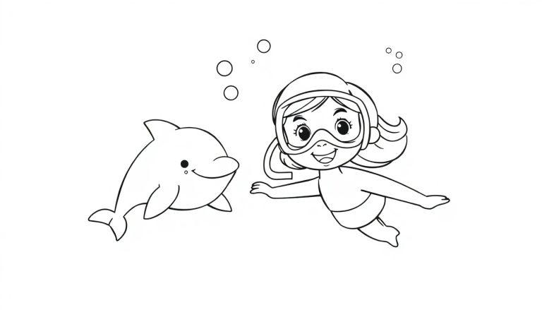 Eine schwarz-weiße Farbtafel eines lachenden Mädchens mit Taucherbrille, das im Wasser schwimmt und von einem freundlichen Delfin begleitet wird.