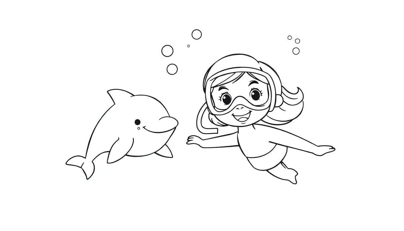 Eine schwarz-weiße Farbtafel eines lachenden Mädchens mit Taucherbrille, das im Wasser schwimmt und von einem freundlichen Delfin begleitet wird.