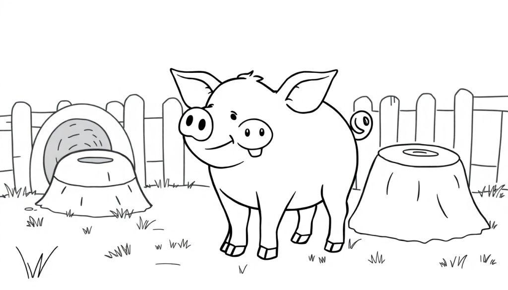 Schwarz-Weiß-Farbtafel eines niedlichen Schweins mit großen Ohren und einem breiten Lächeln, das in einer ländlichen Umgebung steht.
