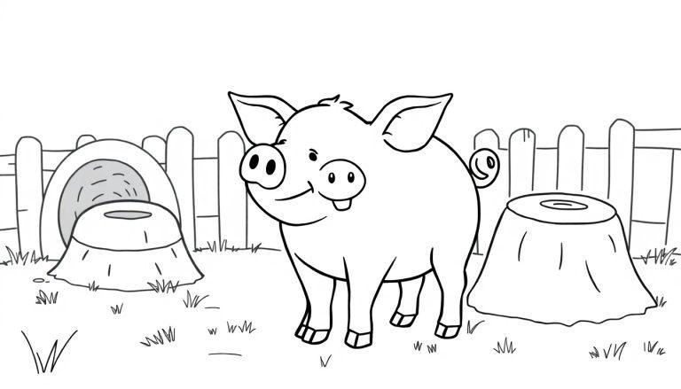 Schwarz-Weiß-Farbtafel eines niedlichen Schweins mit großen Ohren und einem breiten Lächeln, das in einer ländlichen Umgebung steht.