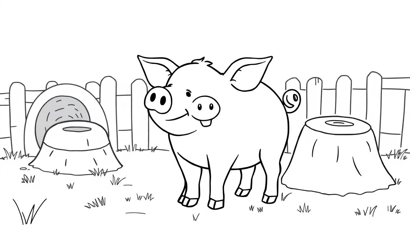 Schwarz-Weiß-Farbtafel eines niedlichen Schweins mit großen Ohren und einem breiten Lächeln, das in einer ländlichen Umgebung steht.
