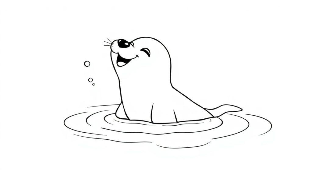 Eine freundlich lächelnde Cartoon-Robbe mit einem Auge zugekniffen, umgeben von Wasserblasen und Wellenlinien, bereit zum Ausmalen als Farbtafel.
