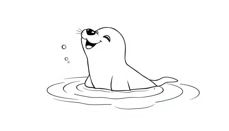 Eine freundlich lächelnde Cartoon-Robbe mit einem Auge zugekniffen, umgeben von Wasserblasen und Wellenlinien, bereit zum Ausmalen als Farbtafel.