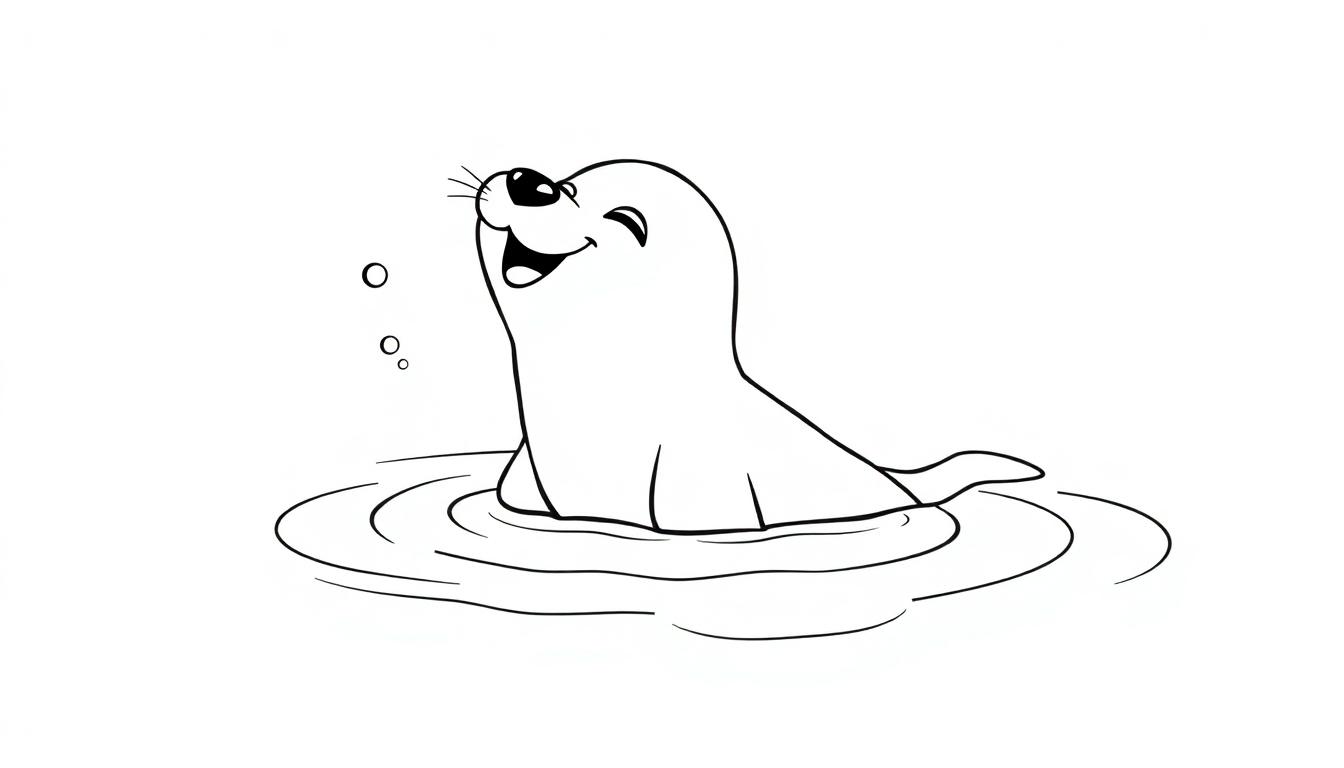 Eine freundlich lächelnde Cartoon-Robbe mit einem Auge zugekniffen, umgeben von Wasserblasen und Wellenlinien, bereit zum Ausmalen als Farbtafel.
