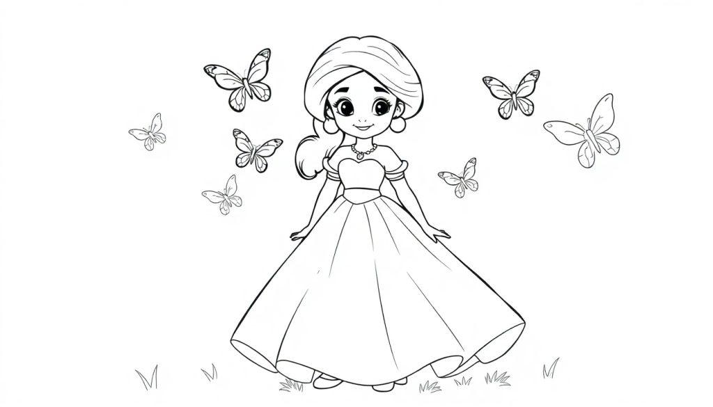 Eine Farbtafel-Zeichnung eines Mädchens namens Jasmin in einem Prinzessinnenkleid, umgeben von magischen Schmetterlingen.