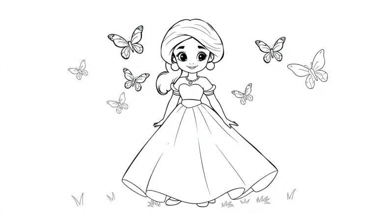 Eine Farbtafel-Zeichnung eines Mädchens namens Jasmin in einem Prinzessinnenkleid, umgeben von magischen Schmetterlingen.