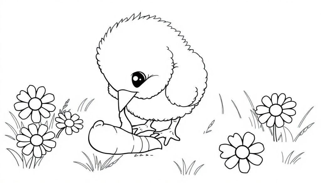 Schwarz-weiß Cartoon eines flauschigen Küken auf einer Wiese mit Gänseblümchen und Gras, eine Farbtafel.