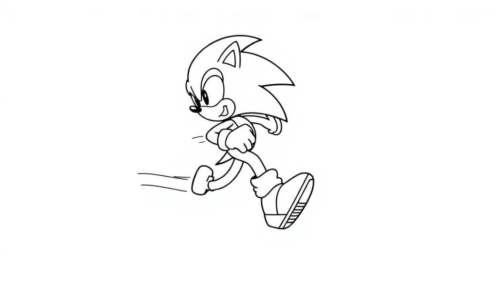 Eine Schwarz-Weiß-Farbtafel von Sonic the Hedgehog, der mit ausgestreckten Beinen rennt.