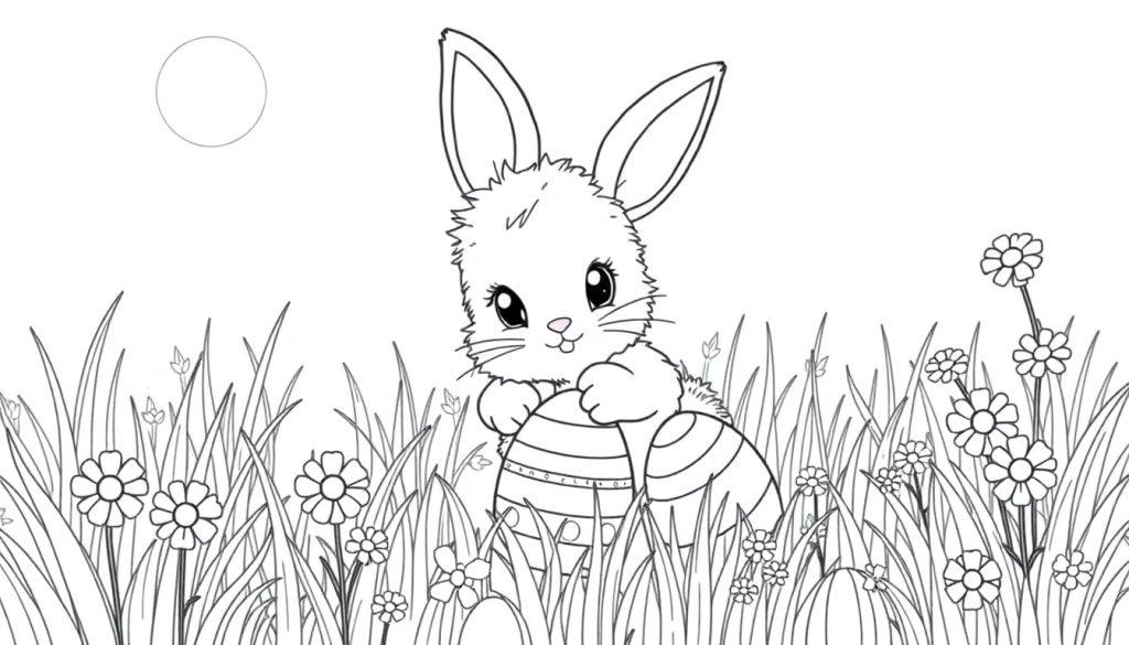 Eine Farbtafel: Ein niedlicher Osterhase mit langen Ohren steht auf einer grünen Wiese mit bunten Ostereiern.