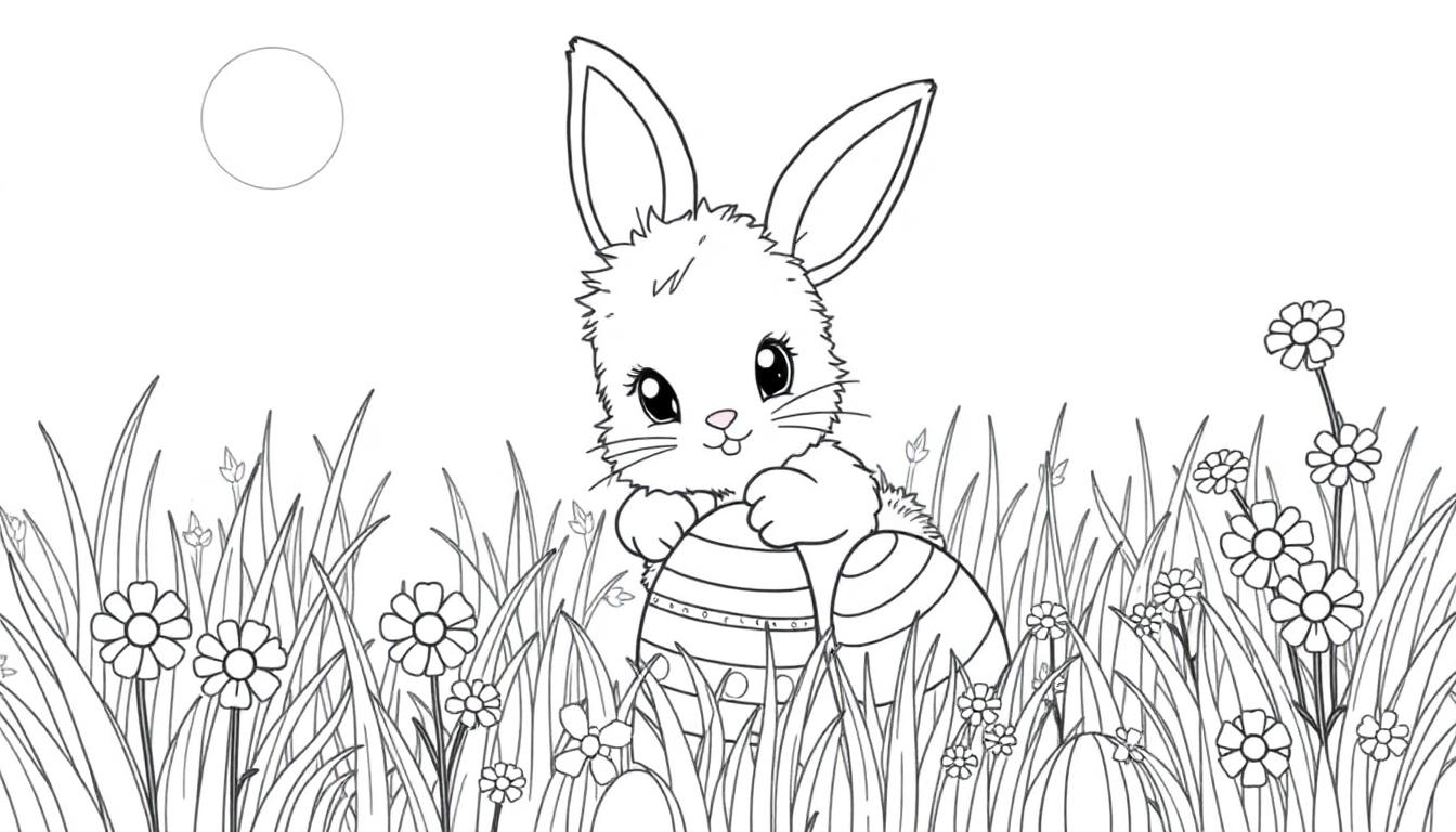 Eine Farbtafel: Ein niedlicher Osterhase mit langen Ohren steht auf einer grünen Wiese mit bunten Ostereiern.