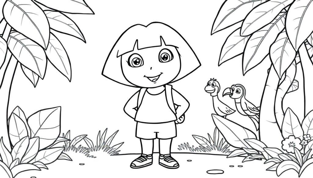 Dora der Entdeckerin, bereit für ein Abenteuer, Schwarz-Weiß-Farbtafel.
