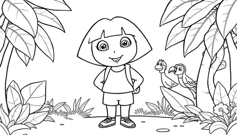 Dora der Entdeckerin, bereit für ein Abenteuer, Schwarz-Weiß-Farbtafel.