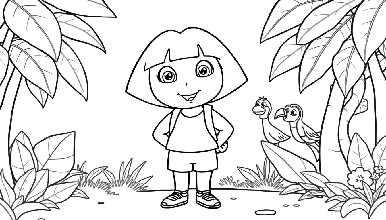 Dora der Entdeckerin, bereit für ein Abenteuer, Schwarz-Weiß-Farbtafel.