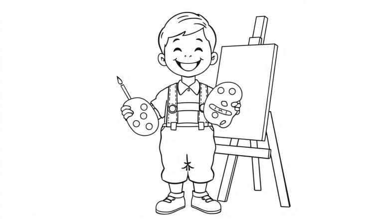 Schwarz-weiß Cartoon eines lächelnden Jungen mit Hosenträgern und Lederhosen, der einen Pinsel und zwei Farbtafeln hält.