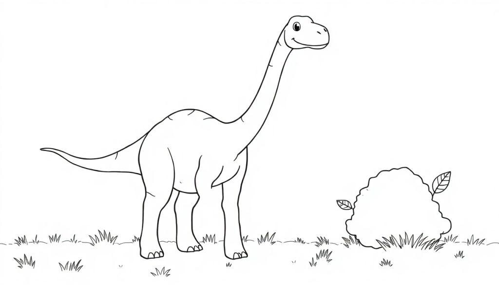 Eine Schwarzweiß-Farbtafel-Zeichnung eines freundlichen Brachiosaurus mit langem Hals, der auf einer Wiese steht.