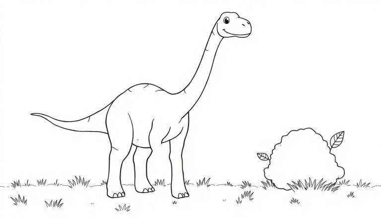 Eine Schwarzweiß-Farbtafel-Zeichnung eines freundlichen Brachiosaurus mit langem Hals, der auf einer Wiese steht.