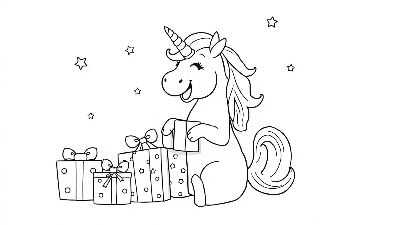 Einhorn-Farbtafel mit Geschenken und Sternen