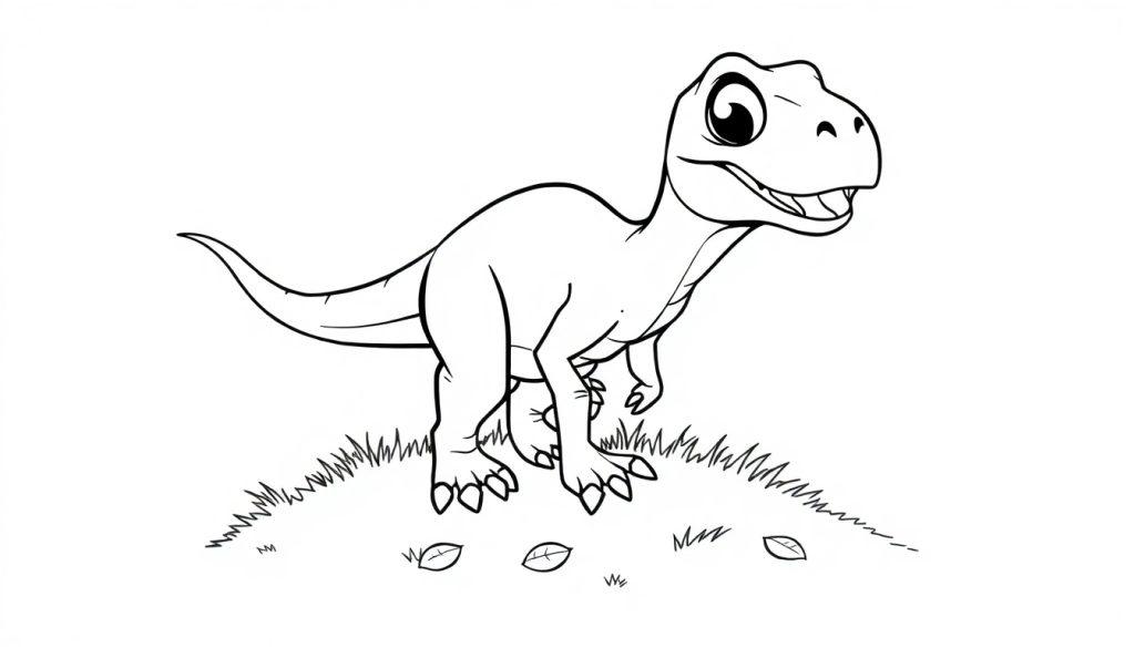 Schwarz-Weiß-Farbtafel eines freundlichen Cartoon-Dinosauriers mit großen Augen und einem Grinsen.