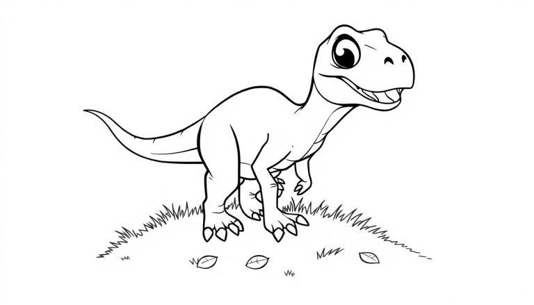 Schwarz-Weiß-Farbtafel eines freundlichen Cartoon-Dinosauriers mit großen Augen und einem Grinsen.