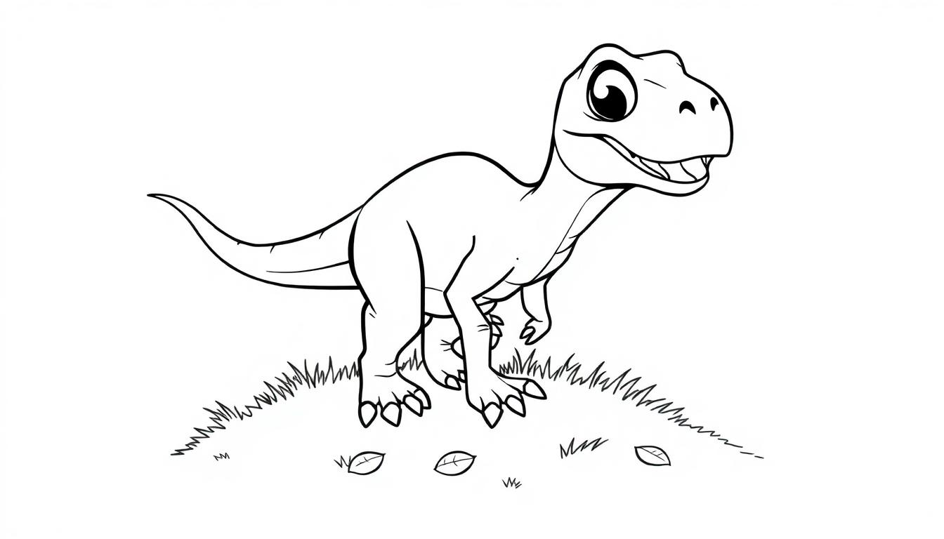 Schwarz-Weiß-Farbtafel eines freundlichen Cartoon-Dinosauriers mit großen Augen und einem Grinsen.