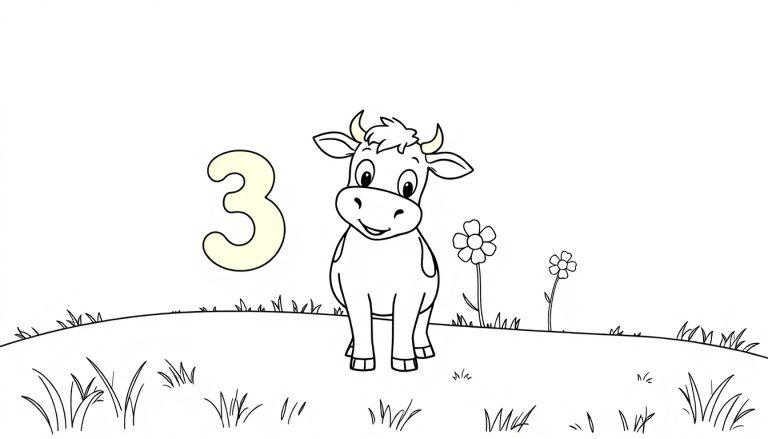 Eine Cartoon-Kuh lernt die Zahl 3 auf einem Hügel, eine Farbtafel für Kinder.