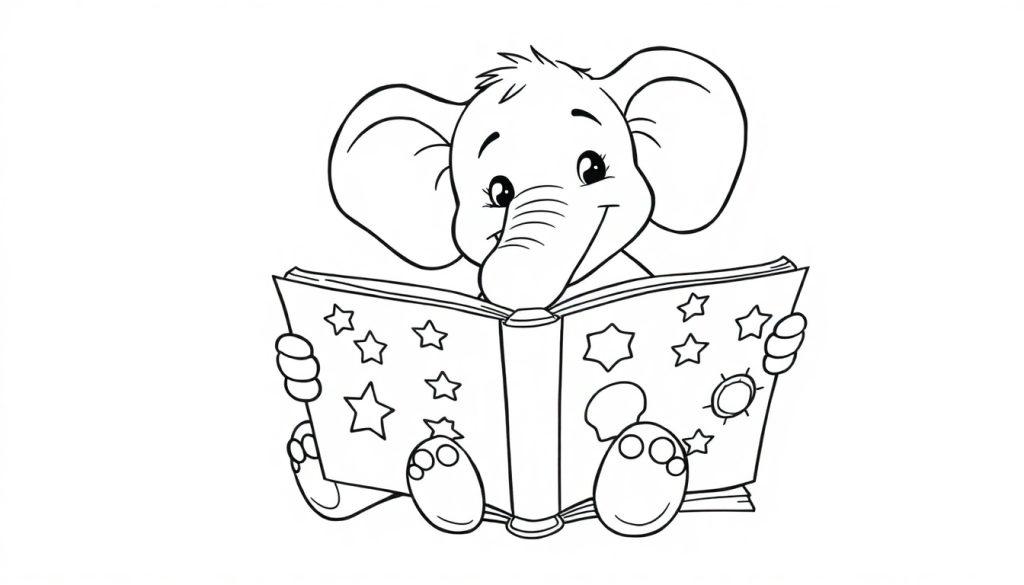 Ein niedlicher Cartoon-Elefant, der in einem Buch liest, als Farbtafel.