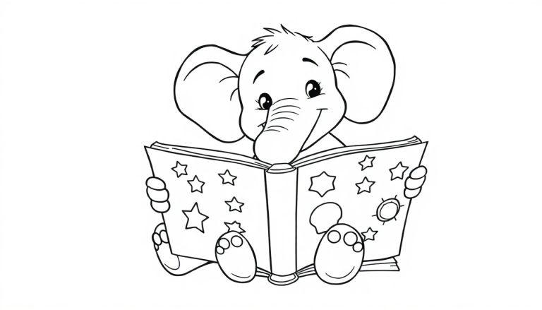 Ein niedlicher Cartoon-Elefant, der in einem Buch liest, als Farbtafel.