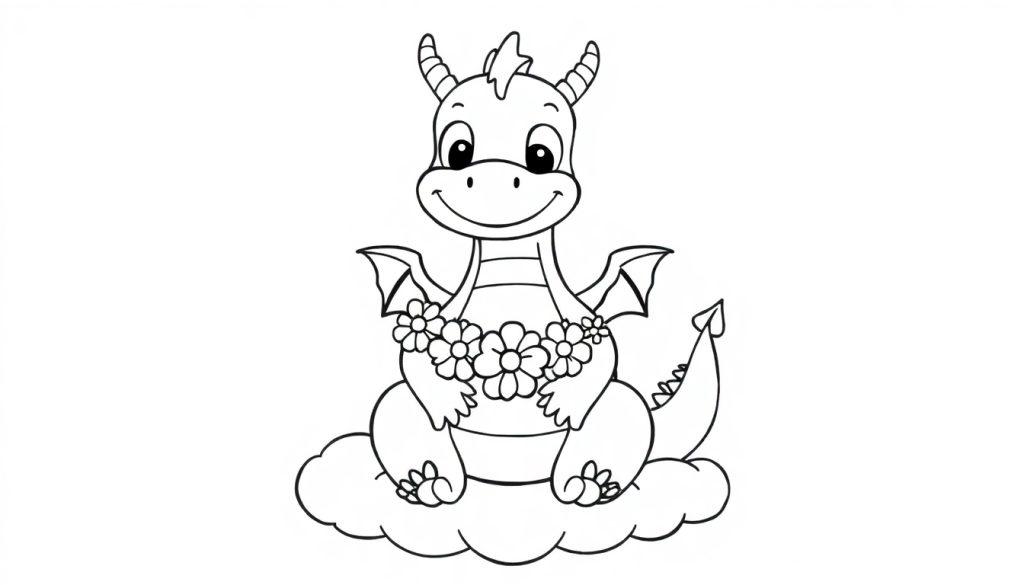 Eine Schwarz-Weiß-Farbtafel eines niedlichen Cartoon-Drachen, der auf einer Wolke sitzt und eine Blumenkette trägt.