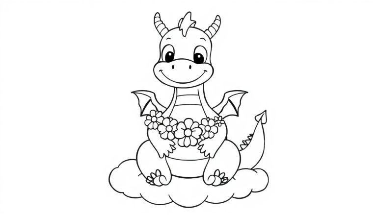 Eine Schwarz-Weiß-Farbtafel eines niedlichen Cartoon-Drachen, der auf einer Wolke sitzt und eine Blumenkette trägt.