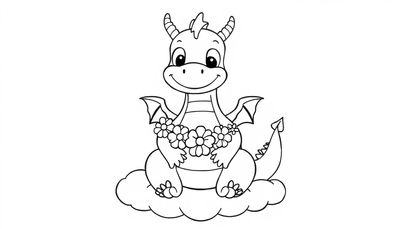 Eine Schwarz-Weiß-Farbtafel eines niedlichen Cartoon-Drachen, der auf einer Wolke sitzt und eine Blumenkette trägt.