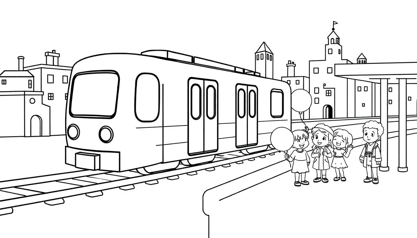 Eine Schwarz-Weiß-Farbtafel einer U-Bahn auf einem Bahnsteig mit vier Kindern, die Ballons halten.