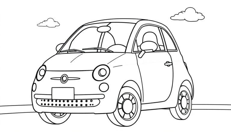 Schwarz-weiße Farbtafel eines niedlichen Cartoon-Autos im Stil eines Fiat 500, das auf einer Straße fährt.