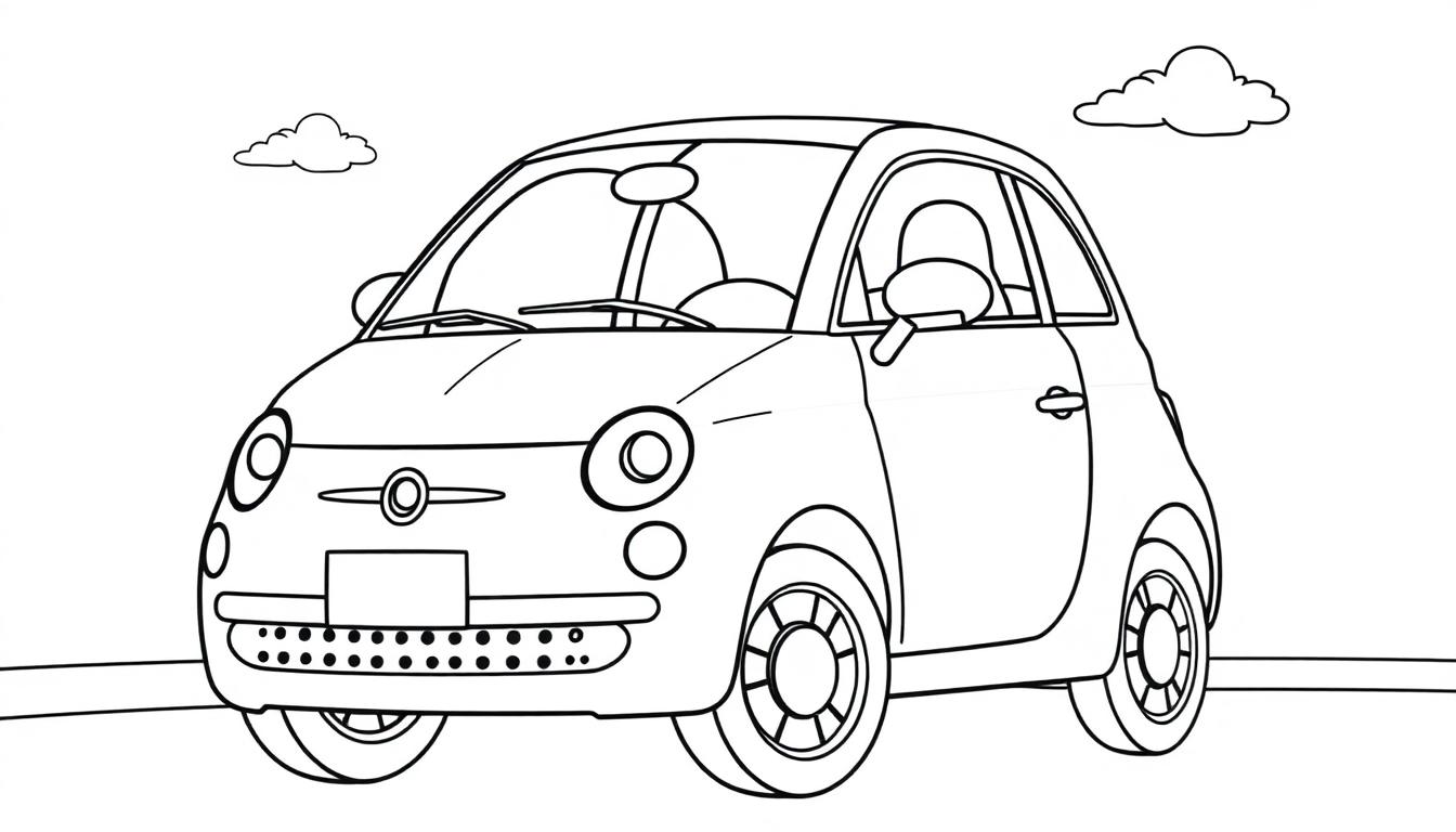 Schwarz-weiße Farbtafel eines niedlichen Cartoon-Autos im Stil eines Fiat 500, das auf einer Straße fährt.