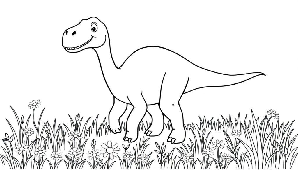 Schwarz-weiße Farbtafel eines freundlichen Diplodocus in einer Wiese mit Gänseblümchen.