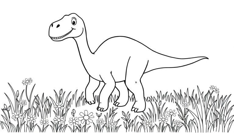 Schwarz-weiße Farbtafel eines freundlichen Diplodocus in einer Wiese mit Gänseblümchen.