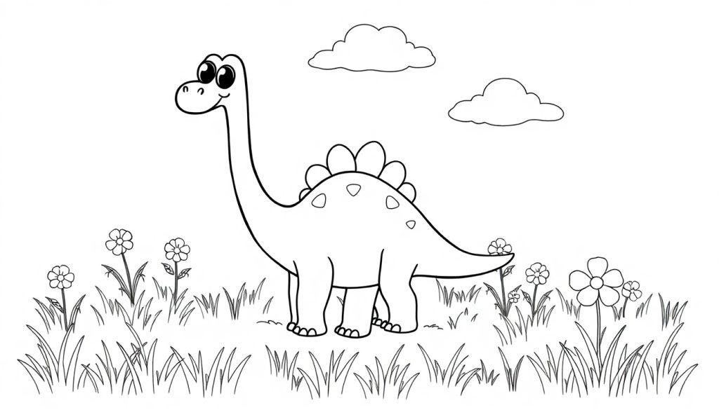 Schwarz-Weiß-Farbtafel eines freundlichen Brachiosaurus in einer Blumenwiese mit Wolken.