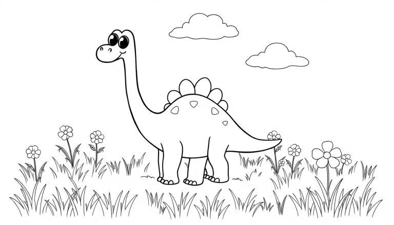 Schwarz-Weiß-Farbtafel eines freundlichen Brachiosaurus in einer Blumenwiese mit Wolken.