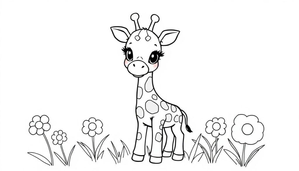 Eine niedliche, schwarz-weiße Cartoon-Giraffe steht auf einer Blumenwiese, bereit zum Ausmalen als Farbtafel.